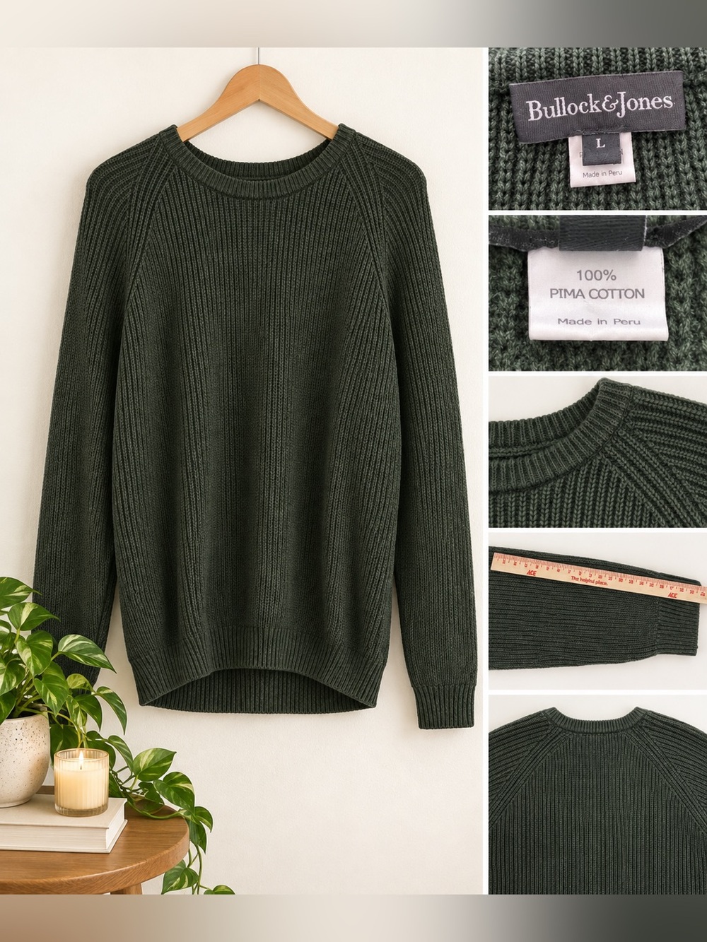 Bullock & Jones Men’s L Dark Olive Green 100% Pima Cotton Crewneck Sweater